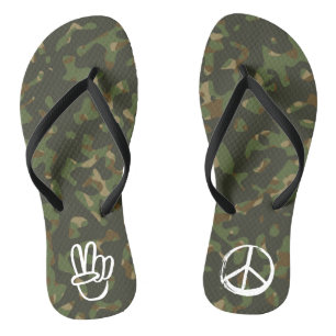 PEACE Symbol Hand V Signage Hippie Green Camouflag Badesandalen