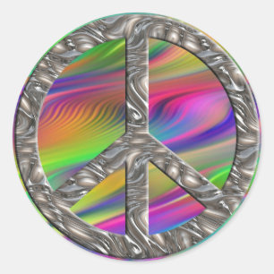 PEACE-Symbol - SILVER   Farbwellen Runder Aufkleber