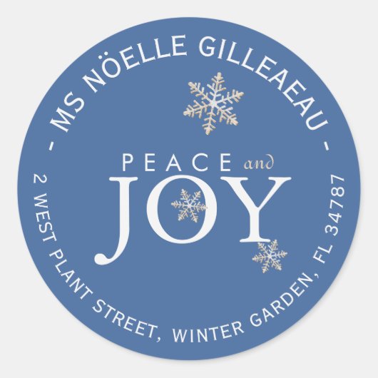 PEACE und JOY Snow Covered Snowflakes Sky Blue Runder Aufkleber (Vorderseite)