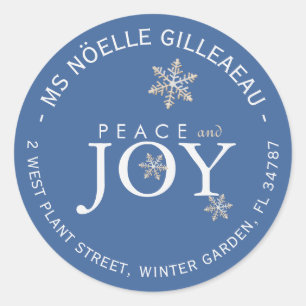 PEACE und JOY Snow Covered Snowflakes Sky Blue Runder Aufkleber