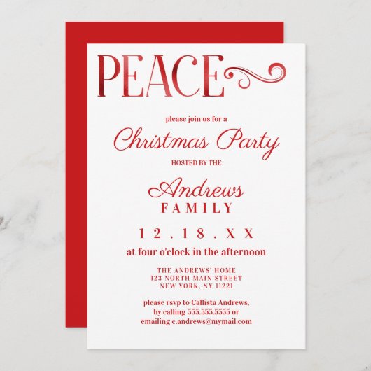 Peace Zitat White Red Foil Einfache Weihnachten Einladung (Vorne/Hinten)
