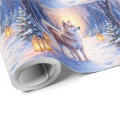 Peaceful Akita on Snow Lantern Path Christmas Dog Geschenkpapier (Rolleneckpunkt)