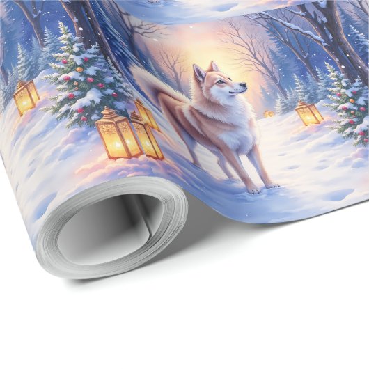 Peaceful Akita on Snow Lantern Path Christmas Dog Geschenkpapier (Rolleneckpunkt)