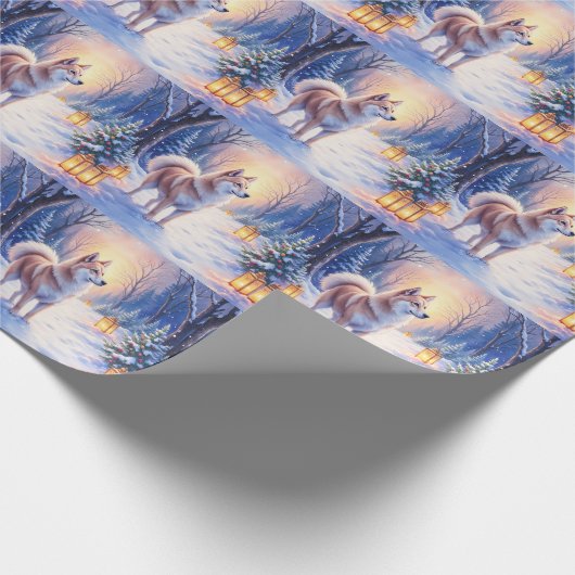 Peaceful Akita on Snow Lantern Path Christmas Dog Geschenkpapier (Ecke)