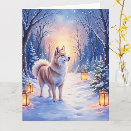Peaceful Akita on Snow Lantern Path Christmas Dog Karte (Gelbe Blume)