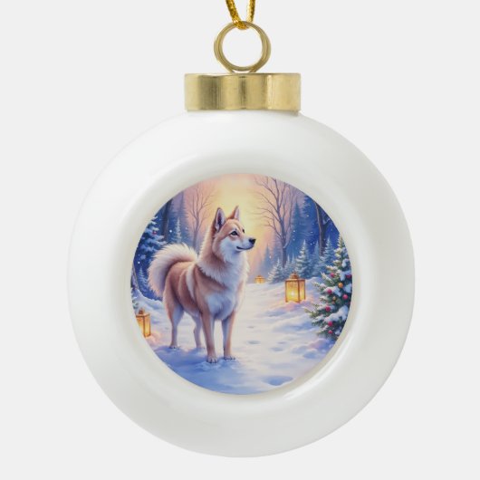 Peaceful Akita on Snow Lantern Path Christmas Dog Keramik Kugel-Ornament (Vorderseite)