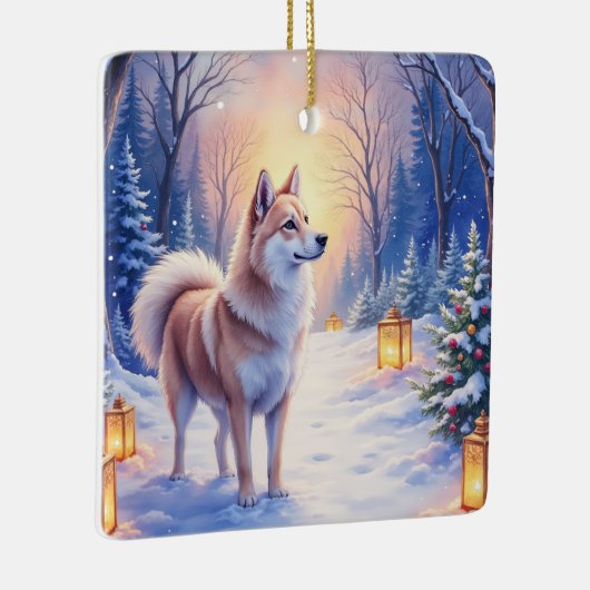 Peaceful Akita on Snow Lantern Path Christmas Dog Keramikornament (Rechts)