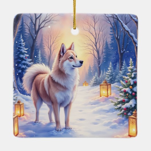 Peaceful Akita on Snow Lantern Path Christmas Dog Keramikornament (Rückseite)