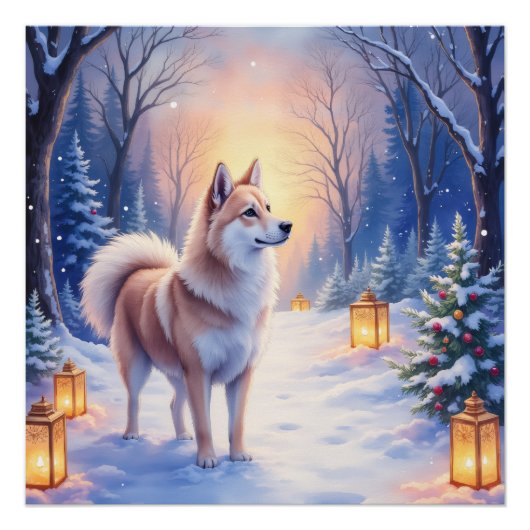 Peaceful Akita on Snow Lantern Path Christmas Dog  Poster (Vorderseite)