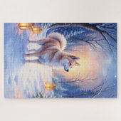 Peaceful Akita on Snow Lantern Path Christmas Dog Puzzle (Horizontal)