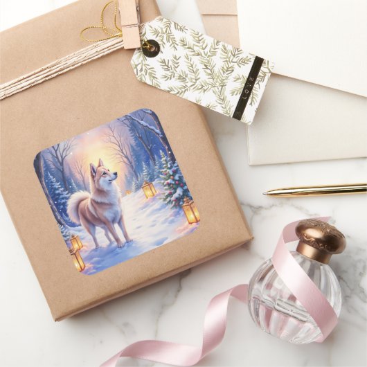 Peaceful Akita on Snow Lantern Path Christmas Dog Quadratischer Aufkleber (Schenken)