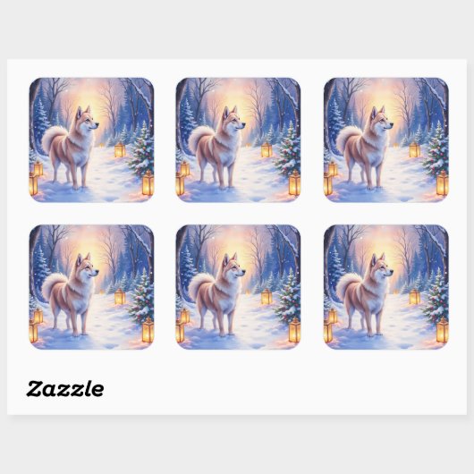 Peaceful Akita on Snow Lantern Path Christmas Dog Quadratischer Aufkleber (Blatt)