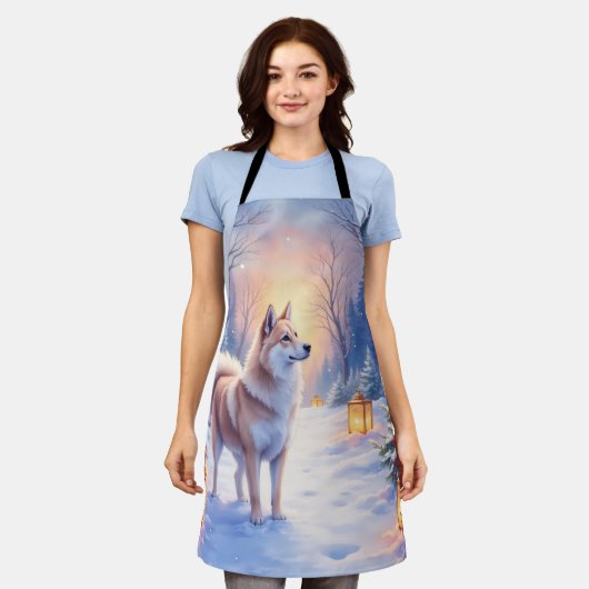 Peaceful Akita on Snow Lantern Path Christmas Dog Schürze (Getragen)