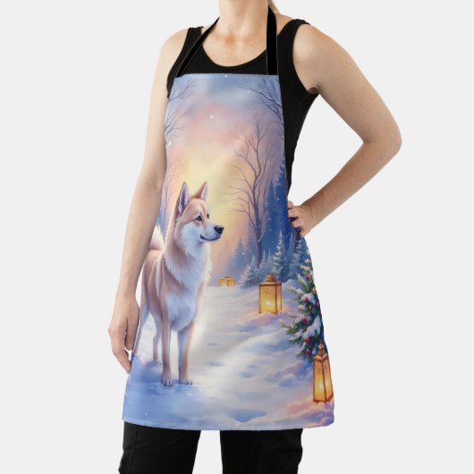Peaceful Akita on Snow Lantern Path Christmas Dog Schürze (InSitu)