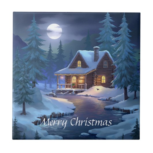 Peaceful Cabin in Winter Forest Fliese (Vorderseite)