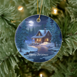 Peaceful Cabin in Winter Forest Keramik Ornament