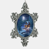 Peaceful Cabin in Winter Forest Schneeflocken Zinn-Ornament (Links)