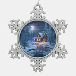 Peaceful Cabin in Winter Forest Schneeflocken Zinn-Ornament