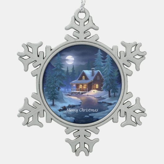 Peaceful Cabin in Winter Forest Schneeflocken Zinn-Ornament (Vorderseite)