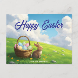 Peaceful Easter Spring Meadow Bunny & Egg Basket Feiertagspostkarte