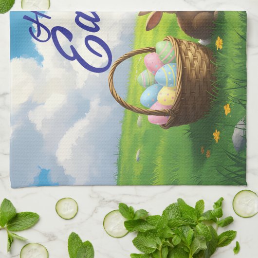 Peaceful Easter Spring Meadow Bunny & Egg Basket Geschirrtuch (Gefaltet)