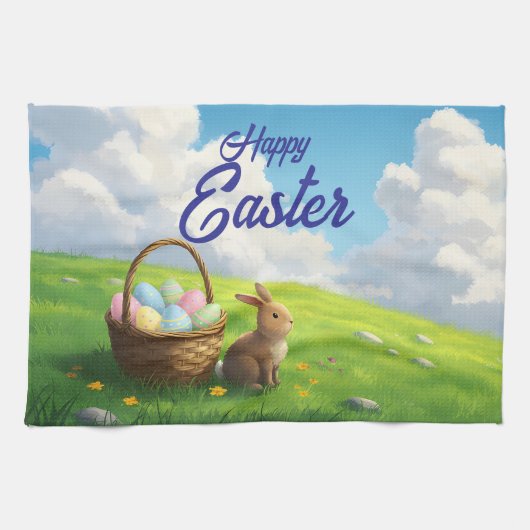 Peaceful Easter Spring Meadow Bunny & Egg Basket Geschirrtuch (Horizontal)