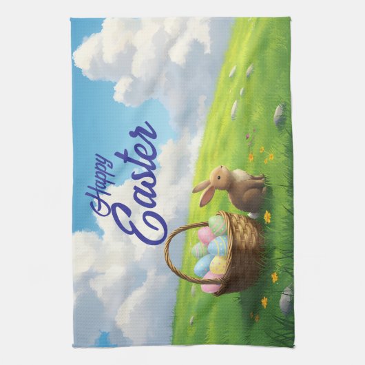 Peaceful Easter Spring Meadow Bunny & Egg Basket Geschirrtuch (Vertikal)