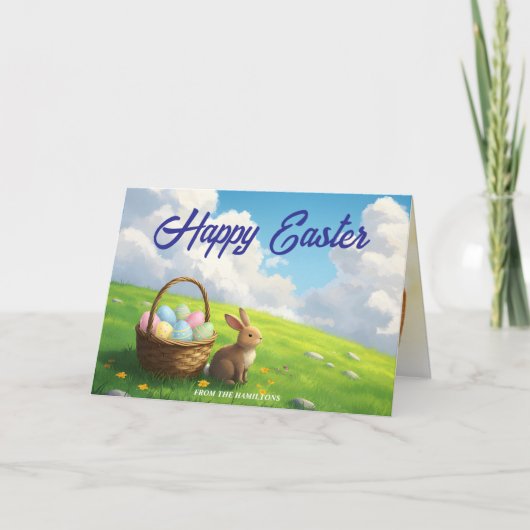 Peaceful Easter Spring Meadow Bunny & Egg Basket Karte (Vorderseite)
