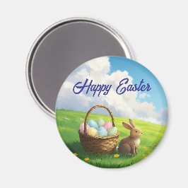 Peaceful Easter Spring Meadow Bunny & Egg Basket Magnet