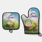 Peaceful Easter Spring Meadow Bunny & Egg Basket Ofenhandschuh & Topflappen-Set (Vorderseite)