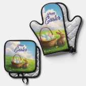 Peaceful Easter Spring Meadow Bunny & Egg Basket Ofenhandschuh & Topflappen-Set (Vorderseite/Rückseite)