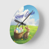 Peaceful Easter Spring Meadow Bunny & Egg Basket Runde Wanduhr (Winkel)