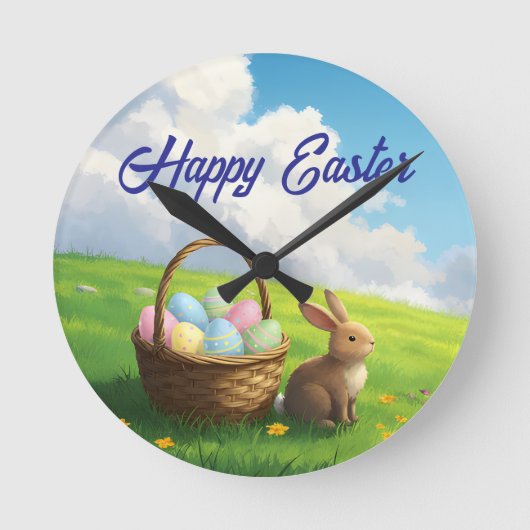 Peaceful Easter Spring Meadow Bunny & Egg Basket Runde Wanduhr (Vorderseite)