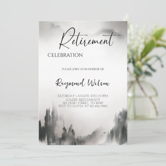 Peaceful Foggy Mountain Retirement Party Einladung (Stehend Vorderseite)