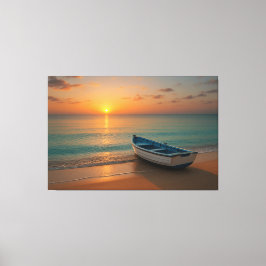 Peaceful Golden Sunset with Boat on Beach Canvas Leinwanddruck