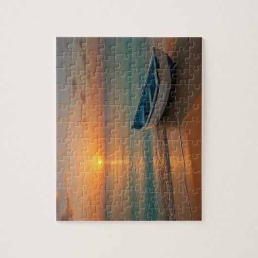 Peaceful Golden Sunset with Boat on Beach Puzzle (Vertikal)