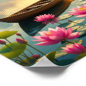 Peaceful Lake Sunset With Boat And Flowers Poster (Ecke)