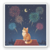 Peaceful Midnight Sky Cat Dreamy Rooftop Fireworks Aufkleber (Vorderseite)