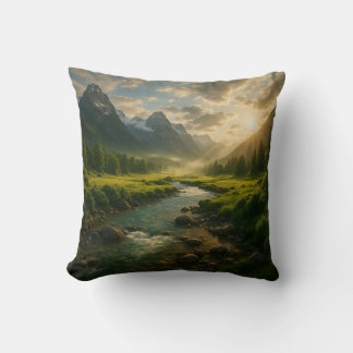 Peaceful Mountain River Landscape Throw Pillow Kissen