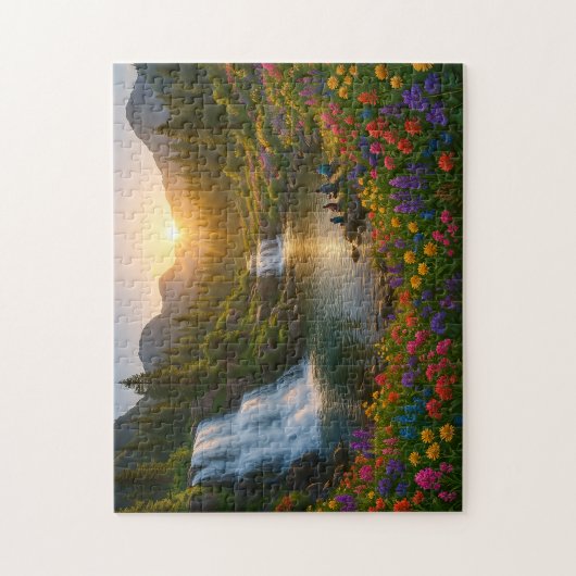 Peaceful Mountain Waterfall Puzzle with Sunrise  (Vertikal)