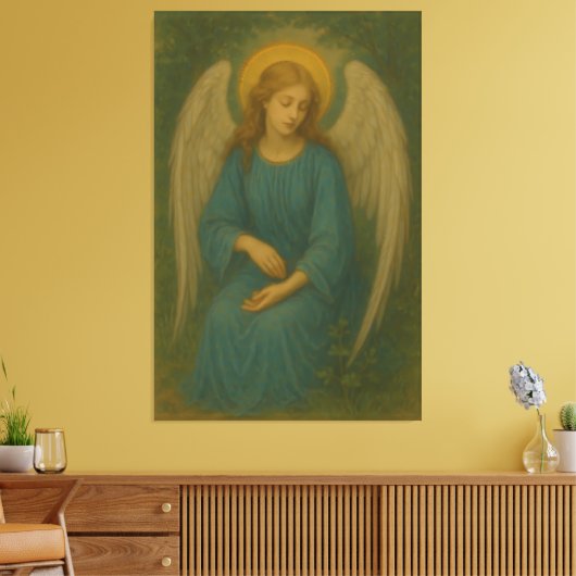Peaceful Prayer Angel – Golden Halo White Wing Gua Leinwanddruck (Insitu (Wohnzimmer))