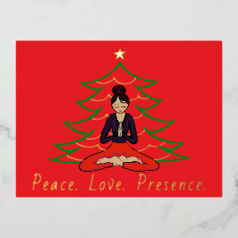 Peaceful Yoga Girl in front of Christmas Tree  Folien Feiertagspostkarte