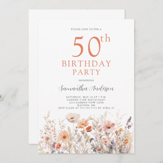 Peach 50. Geburtstag Einladung (Vorne/Hinten)