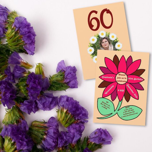 Peach 60. Geburtstag Einfache rote Sonnenblume Einladung