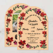 Peach 60th Birthday Party Whimsical Doodle Flowers Einladung (Vorne/Hinten)