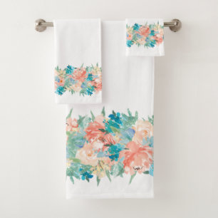 Peach and Aqua Aqua Floral on White Badhandtuch Set