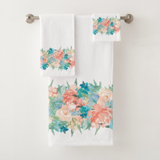 Peach and Aqua Aqua Floral on White Badhandtuch Set (Insitu)