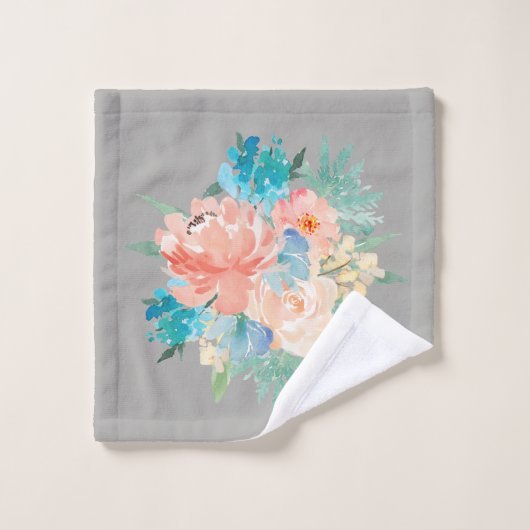 Peach and Aqua Floral Bouquet mit Namen Badhandtuch Set (Waschlappen)