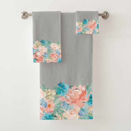 Peach and Aqua Watercolor Blumenmuster Badhandtuch Set (Insitu)