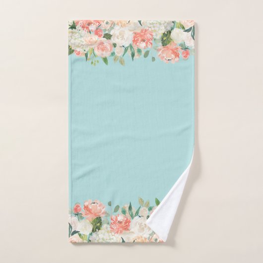 Peach and Aqua Watercolor Blumenmuster Badhandtuch Set (Handtuch)